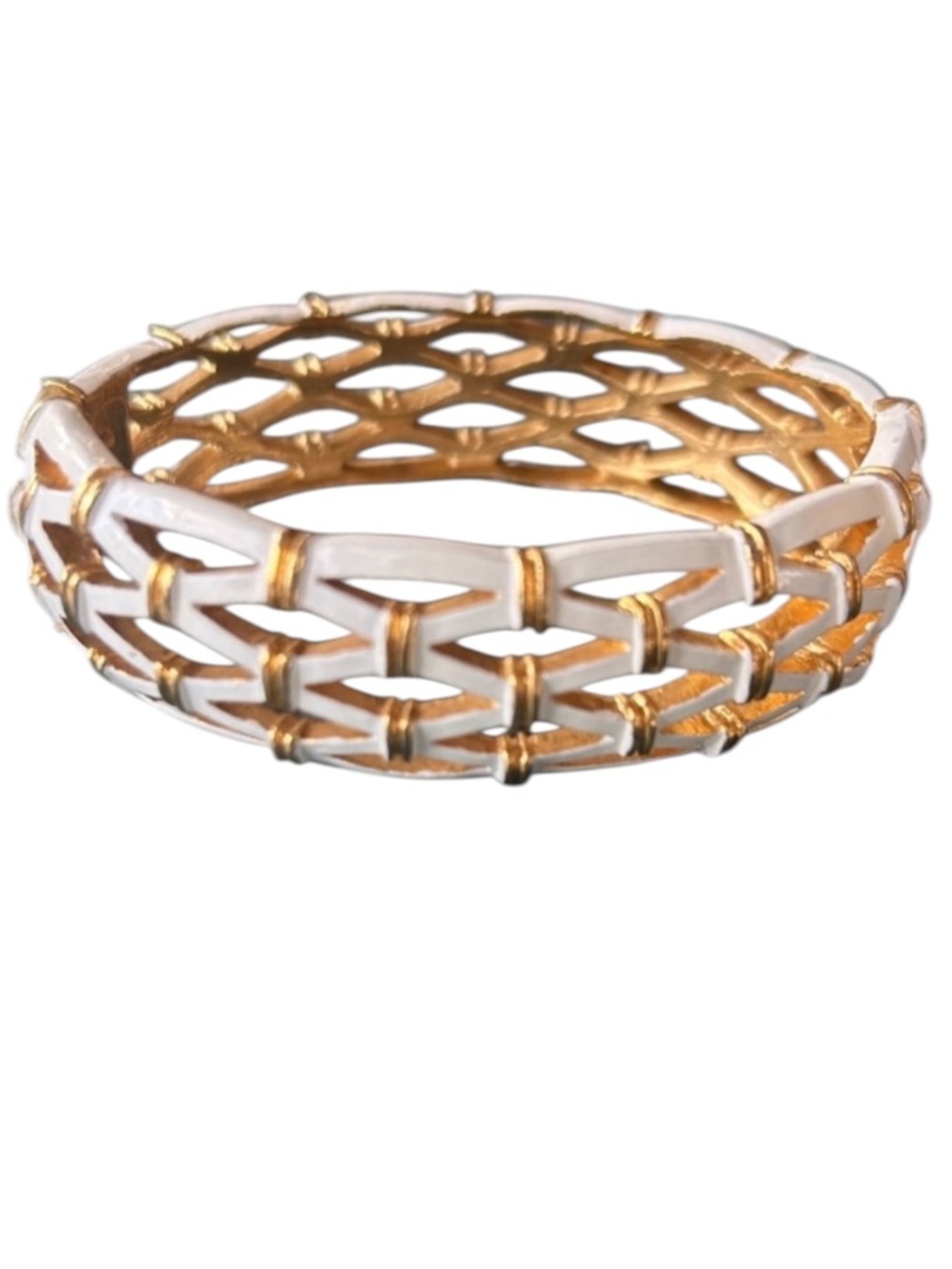 Gold-tone & White Enamel Woven Openwork Hinged Bangle Bracelet - Picture 1 of 8